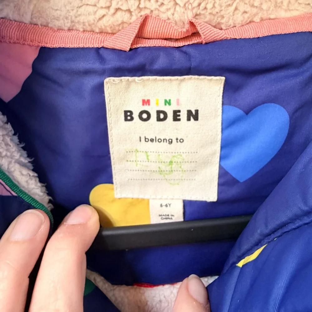 Mini Boden Girls 5-6Y Puffer Jacket Navy Blue Heart Fleece Lined Winter Coat